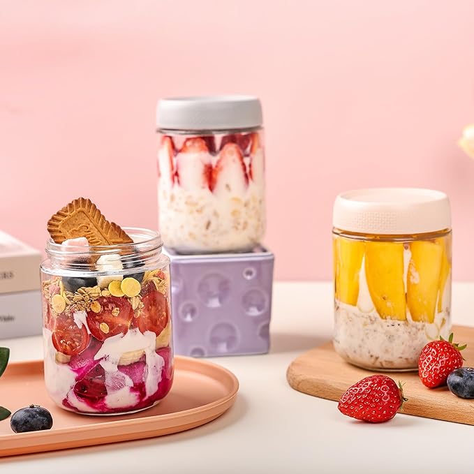 YUNCANG 6-pack Overnight Oats Containers with Airtight Lids, 16 oz Wide Mouth Mason Salad jars, Glass Food Storage Containers for Sugar Spice Yogurt Snacks