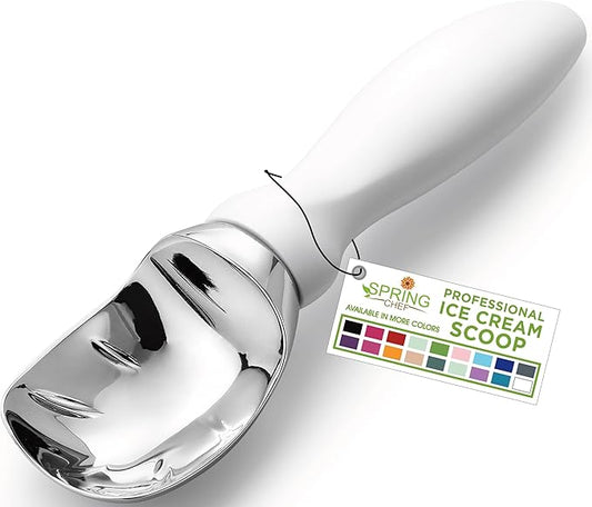 Spring Chef White Commercial Ice Cream Scoop with Comfortable Handle - Heavy Duty Metal Ice Cream Scooper for Frozen Yogurt, Gelato, Sorbet, Melon, Sundae - Dishwasher Safe Kitchen Tool