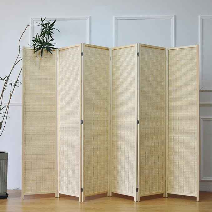 6 Panel Bamboo Room Divider – 5.6 ft Tall Folding Privacy Screen, Natural Beige Freestanding Room Partition Wall (67" x 92.1", 6-Panel)