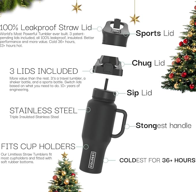 Coldest Tumbler with Handle and Straw - 100% Leak Proof Insulated Tumbler with Lid and Straw (3 Lids) - Stainless Steel Tumblers for Women & Men - Cup Holder Friendly Base, 46 oz (Monsoon)