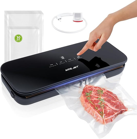 Vacuum Sealer for Food - Tempered Glass Panel, LED Touch Control, Digital Display, Pulse/Moist/Dry/Seal/External Suction Modes, Includes 30 Vacuum Bags & Built-in Cutter(Black)