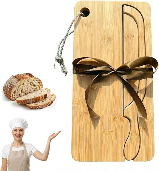 Bow Knife and Board Set, Wooden Bread Slicer with Crumb Tray, Ambidextrous Left & Right Handed, No-Crush Cutting for Sourdough & Bagels, 10 Inch Stainless Steel Blade, Rustic Gift(Bamboo wood)