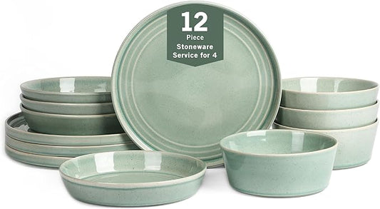 Stone Lain Claire 12-Piece Dinnerware Set Stoneware, Plates and Bowls Set, Dishwasher and Microwave Safe, Dish Set for 4, Green