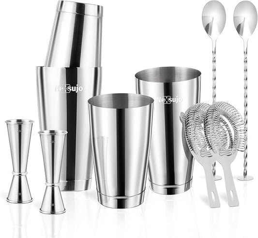 Boston Cocktail Shaker, 8-Piece Professional Shaker Set, Stainless Steel Bar Tools Set with Boston Shaker, Bar Spoon, Jigger, Hawthorne Strainer, Dishwasher Safe, Ideal Bartender Kit for Bar