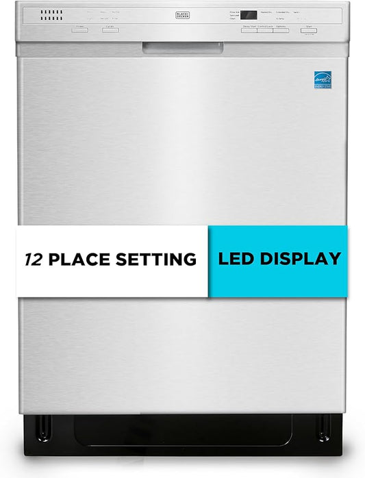 BLACK+DECKER 24" Built-In Dishwasher, 12-Place Setting Capacity with Stainless Steel Tub, Dish Washer with 6 Wash Programs, Low Noise, ENERGY STAR Certified, BDW200MS, Stainless Steel Look