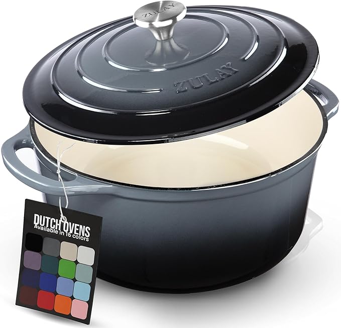 Zulay Kitchen 7.7 Quart Enameled Cast Iron Dutch Oven Pot with Lid – Premium Durability & Oven Safe up to 500°F – Heavy Duty Cookware Perfect for Bread Baking, Stews, Braising & Roasting – Gray