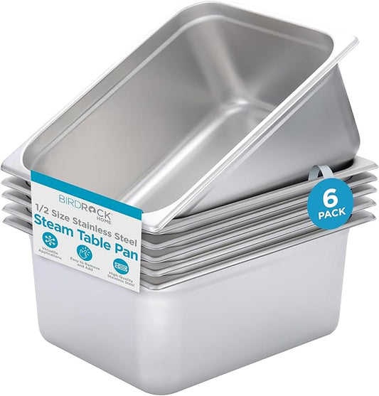 BIRDROCK HOME Stainless Steel Steam Table Pan - Hotel, Restaurant & Catering Supplies - 24 Gauge Steel, 9.9 qt Capacity - Meal Prep, Cooking, & Food Storage Container - 6" Depth, 1/2-Size (6 Pack)