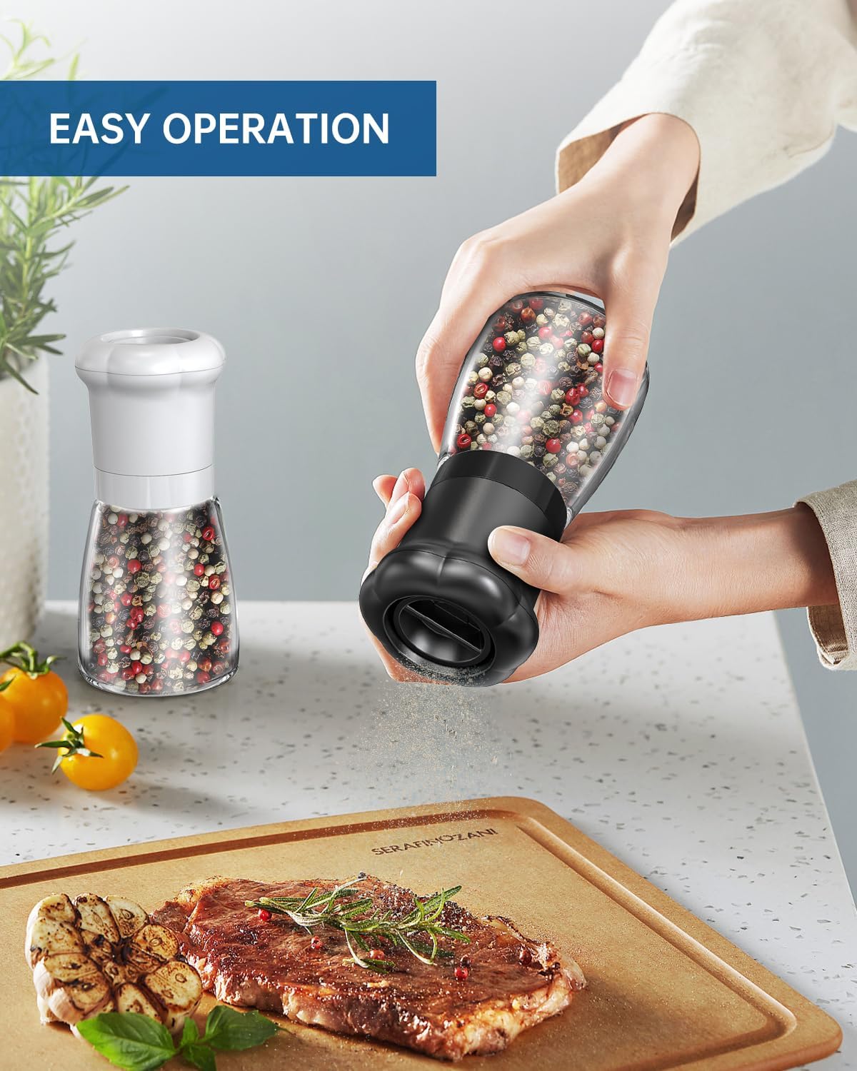 CIRCLE JOY Manual Salt and Pepper Grinder Set For Professional Chef, Refillable Salt and Pepper Shakers with Ceramic Blades, Adjustable Coarseness and BPA-free 180ml Glass Container, Short Black White