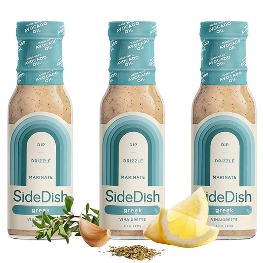 SideDish Zesty Greek Vinaigrette (Pack of 3) - Seed Oil, Dairy & Gluten Free Salad Dressing w/Avocado Oil - Refined Sugar Free, Healthy Greek Salad Dressing - Balsamic Paleo Marinade for Dips, Spread