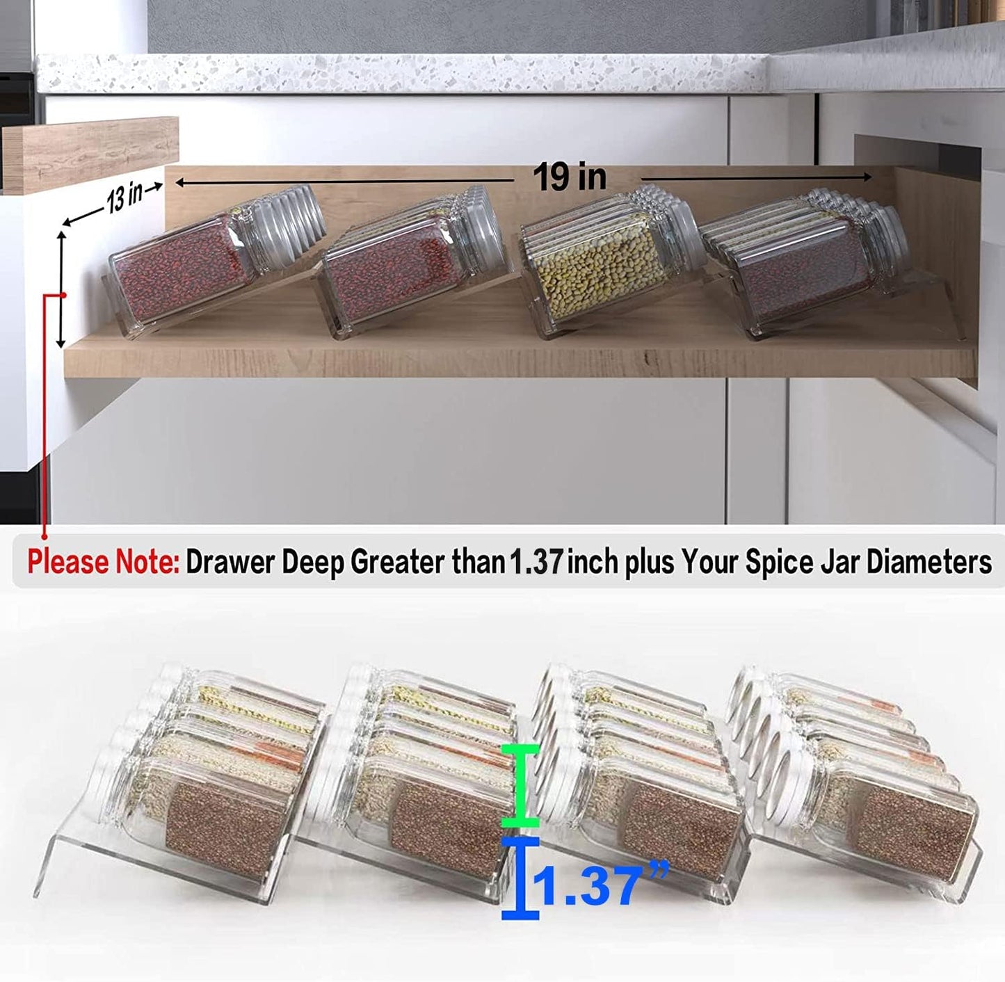19 x 13 Inches Spice Drawer Organizer, 4 Tier Clear Acrylic Expandable In-Drawer Seasoning Jars Rack, Kitchen Drawer Spice Insert Tray for Cabinet/Countertop