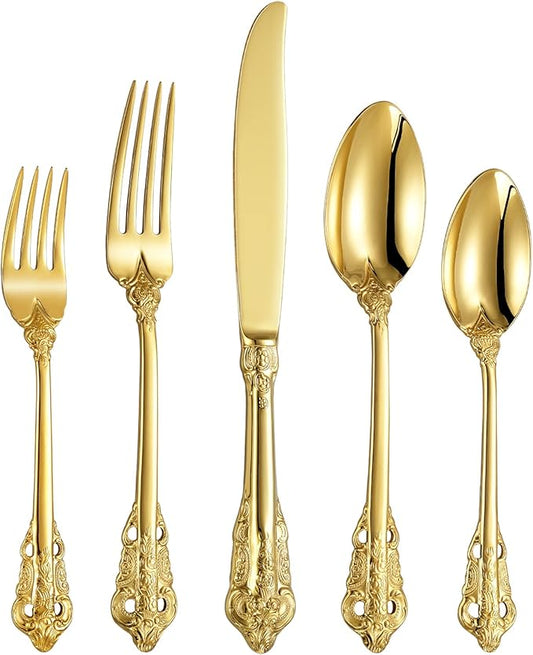 KEAWELL Luxury 20 Pieces 18/10 Stainless Steel Flatware set, Service for 4, silver plated with gold accents, Fine Silverware set and Dishwasher Safe (Gold)