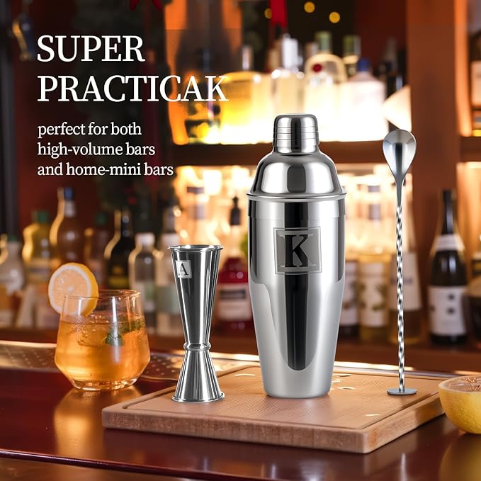 24oz Cocktail Shaker Set with 1 oz 2oz Jigger - Monogramm Initials Martini Shaker Set - 304 Stainless Steel Bar Shaker for Margarita,Mojito-Personalized Gift for Friend,Husband-V