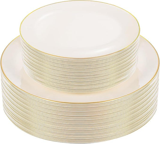 PULOTE 60 PCS Ivory Plastic Plates - Cream Plastic Disposable Include 30 Dinner and 30 Dessert Plates with Gold Rim - Ideal for Party & Wedding