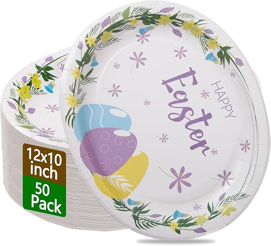 WDF 50Pack Easter Paper Plates - Oval Paper Plates 10" x 12" for Party Supplies Easter Eggs Large Disposable Platter for Easter Serving Tray