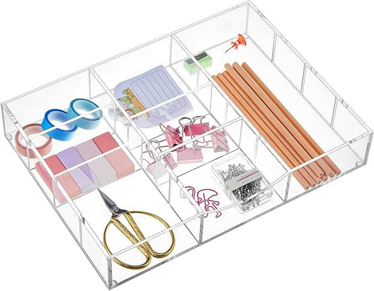 Briwooody Acrylic Drawer Organizer Clear Desk Drawer Organizer Trays with Adjustable Compartments Desk Accessories for Office Stationery Makeup Silverware Bathroom (Non Expandable)