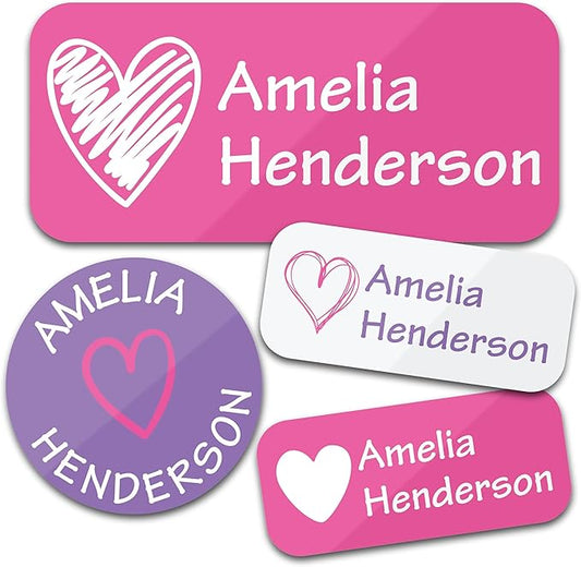 Personalized Daycare Name Labels for Kids (130 Labels) - Custom Waterproof Name Stickers for Clothing Tags, Water Bottles, Lunch Boxes and School Supplies (Hearts)