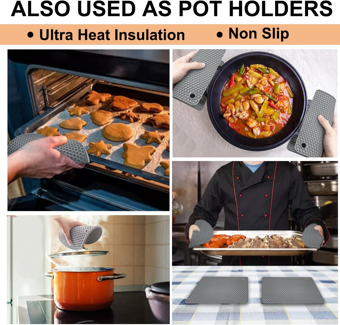 Walfos Silicone Trivet Mats - 4 Heat Resistant Pot Holders, Multipurpose Non-Slip Hot Pads for Kitchen Potholders, Hot Dishers, Jar Opener, Spoon Holder, Food Grade Silicone & BPA Free (Nordic Grey)