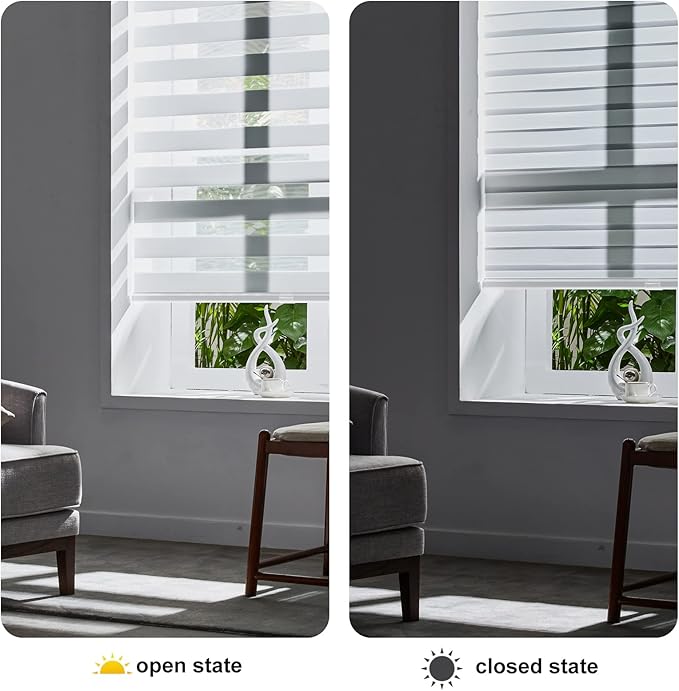 Persilux Cordless Zebra Blinds for Windows, Light Filtering Roller Shades for Windows (16" W x 72" H, White) Light Control for Day and Night, Sheer Shades for Home, Office, Bedroom and Bathroom
