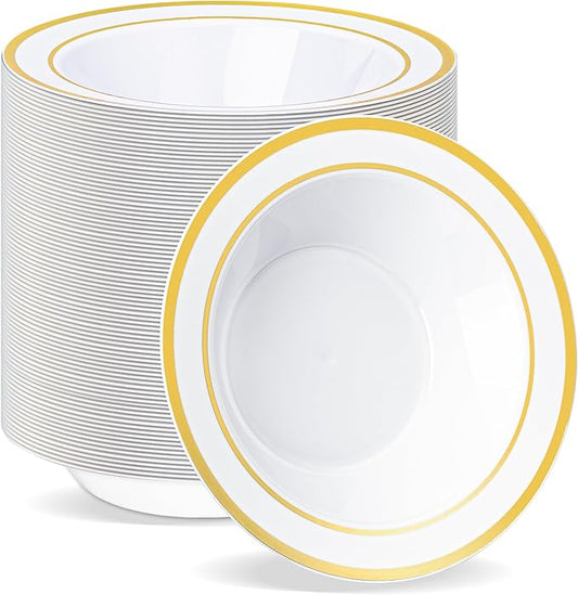 BESTVIP 100 Pack Plastic Bowls with Gold Rim, 12 oz Disposable Soup Bowls, Heavy-duty Dessert Salad Bowl for Party, Wedding, Christmas, Thanksgiving, Dinner, Catering