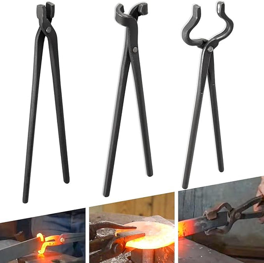 Blacksmith Tongs Set - V-Bit Blade, Flat, and Assembled Tongs for Knife Making, Blacksmithing, and Bladesmithing (3PCS Steel Forge Tongs)