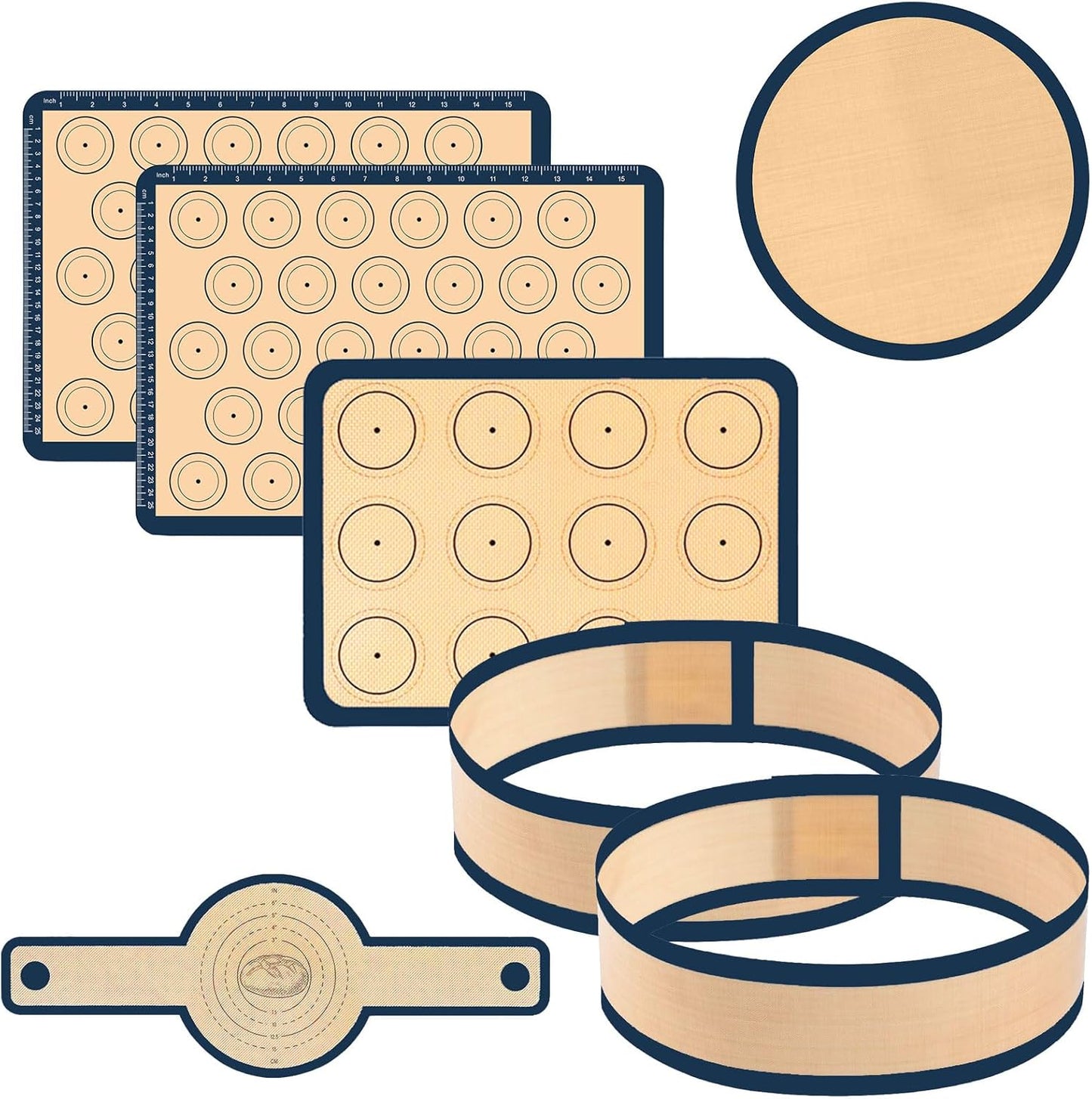 Macaron Silicone Baking Mat Set with Measurement Grid All-in-one 7Pcs Reusable Non-Stick Oven Mats Sheets for Macaron Cookie, Pizza, Pastries & Bread