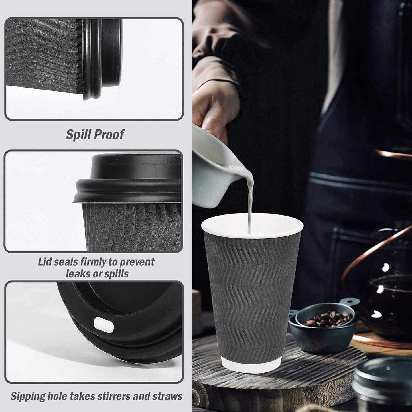 Lamosi 50 Pack - 16 oz Insulated Disposable Coffee Cups with Lids, To Go Paper Coffee Cups with Lids, Corrugated Ripple Wall Cup for Hot Drink, Office, Coffee Bar