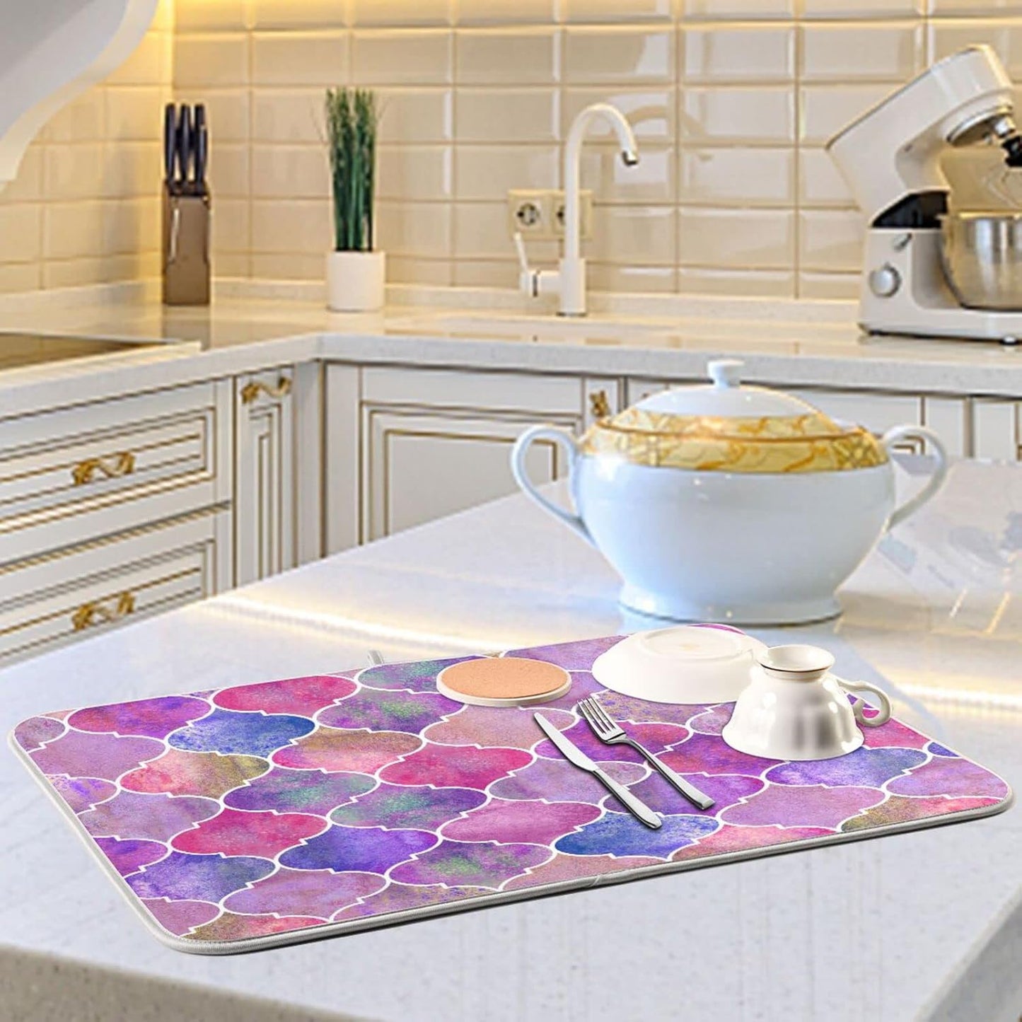 senya Super Absorbent Dish Drying Mat, Microfiber Fast-Drying Dish Mat, 16'' x 18'', Kitchen Dish Drying Pad, Vintage Decorative Moroccan,16x18in
