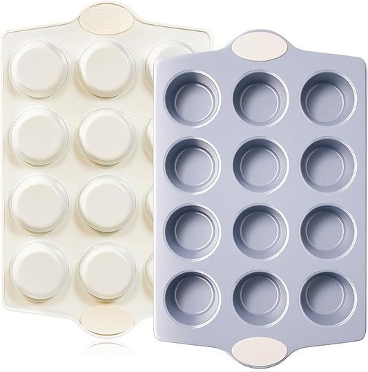 BRONYPRO Ceramic Muffin Pan, 12-Cup Nonstick Aluminized Steel Cupcake Pans, Healthy Non-Toxic Ceramic Coating Muffin tin, 2 Pack Cup Cake Pans for Baking Cream
