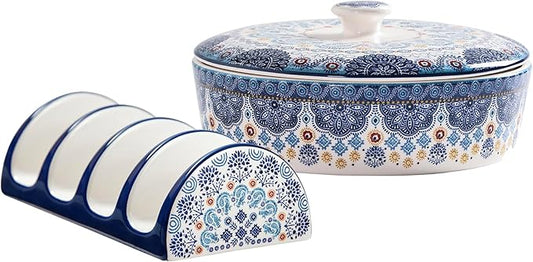Bico Blue Talavera Taco Tuesday Set, Tortilla Warmer and Taco Holder, Microwave and Dishwasher Safe