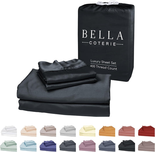 Bella Coterie Luxury Bamboo Viscose Split King Size Sheet Set | 100% Organically Grown | Ultra Soft | Cooling for Hot Sleepers | 18" Deep Pocket [Black]