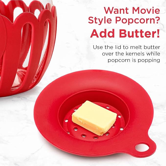Ecolution Patented Micro-Pop Microwave Popcorn Popper with Temperature Safe Glass, 3-in-1 Lid Measures Kernels and Melts Butter, Made Without BPA, Dishwasher Safe, 3-Quart, Red