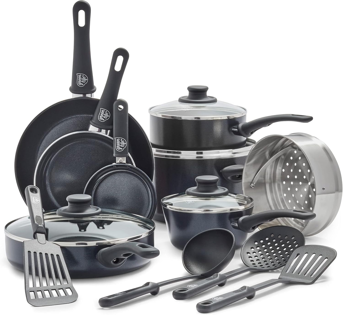 GreenLife 16 Piece Nonstick Cookware Set, Soft Grip Non-Toxic PFAS-Free Ceramic Pots & Pans, Dishwasher & Oven Safe, Frying, Sauce, Saute, Utensils, Glass Lids, Stay-Cool Handles, Wobble Free, Black