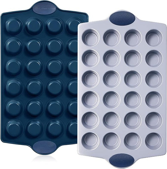 BRONYPRO Ceramic Mini Muffin Pan, 24-Cup Nonstick Aluminized Steel Mini Cupcake Pans, Healthy Non-Toxic Ceramic Coating Muffin Tin, 2 Pack Cup Cake Pans for Baking Blue