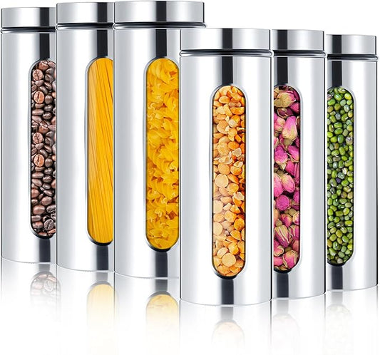 Mimorou 6 Pack Kitchen Canisters Set Airtight Coffee Sugar Tea Candy Storage Jars with Window Glass Stainless Steel Containers with Lids for Flour Cookies Spices Grains Kitchen Decorations (60 oz)