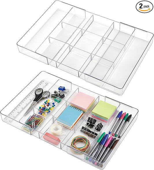 Briwooody 2 Pcs Large Expandable Acrylic Drawer Organizers, Grid Adjustable Drawer, Dividers Organizer for Desk, Makeup, Jewelry, Office, Kitchen Supplies (Transparent,11 Compartments)