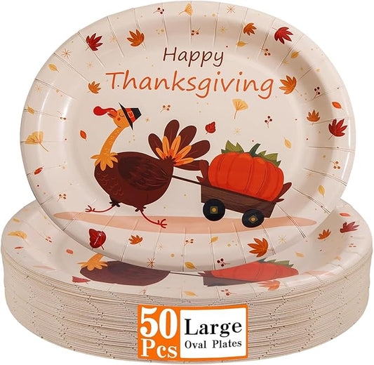 WDF 50Pack Thanksgiving Oval Plates Paper - 10" x 12" Happy Thanksgiving Plates Disposable Dinner Autumn Fall Harvest Party Supply - Turkey Thankful Pattern