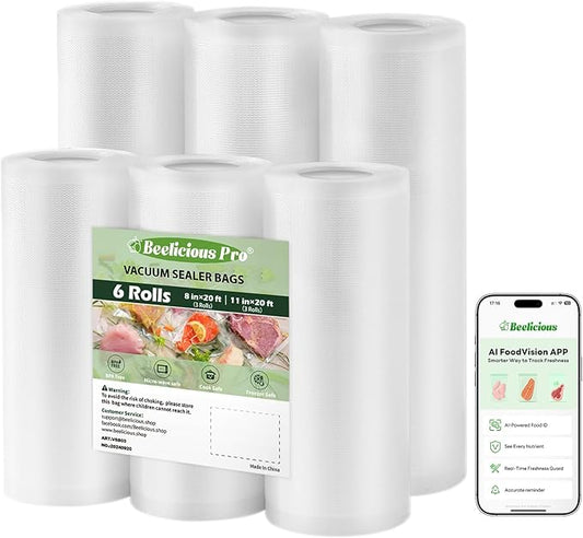 Beelicious Pro Vacuum Sealer Bags Rolls for Food 6 Pack 3 Rolls 11" x 20' and 3 Rolls 8" x 20' Commercial Grade with BPA-Free, Durable Customized Size Food Storage Bags for Sous Vide