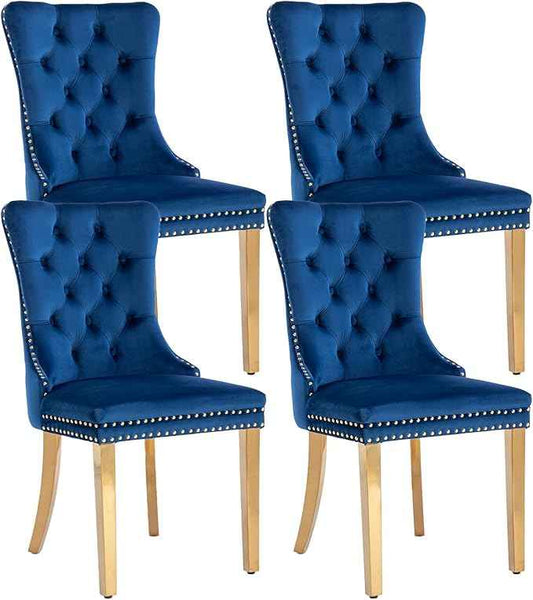 Blue Velvet Dining Chairs Set of 4, Dining Room Chairs Set of 4, Tufted Upholstered Dining Room Chair, Back Ring Pull Trim, Golden Stainless Steel Legs, Blue