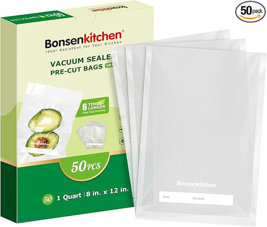Bonsenkitchen Vacuum Sealer Bags, 50 Quart 8" x 12" Precut Food Sealer Bags, Commercial Grade, BPA Free, Heavy Duty, Customized Size Vacuum Bags for Vac Storage, Meal Prep or Sous Vide Cooking, VB12