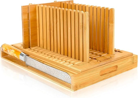 Bread Slicer for Homemade Bread, Adjustable Thickness and Width Slicing Guides, Plug in Slicer Guide Design, with Crumb Tray, Damascus steel pattern knife, for Cakes, Bagels