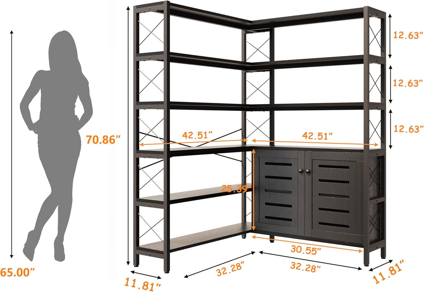 Corner Bookshelves and Bookcases Industrial Corner Etagere Bookcase L Shaped Shelf 6 Tiers with Metal Frame for Living Room Home Office