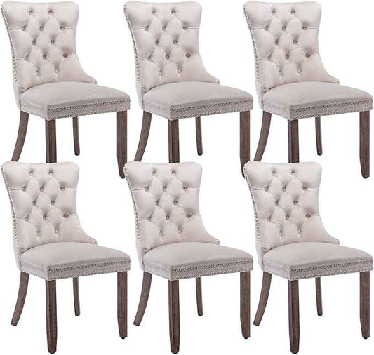 Beige Velvet Dining Chairs Set of 6, Upholstered Dining Room Chairs with Back Ring Pull Trim and Solid Wood Legs, Tufted Wingback Kitchen Chairs for Dining Room,Living Room,Kitchen(Beige)