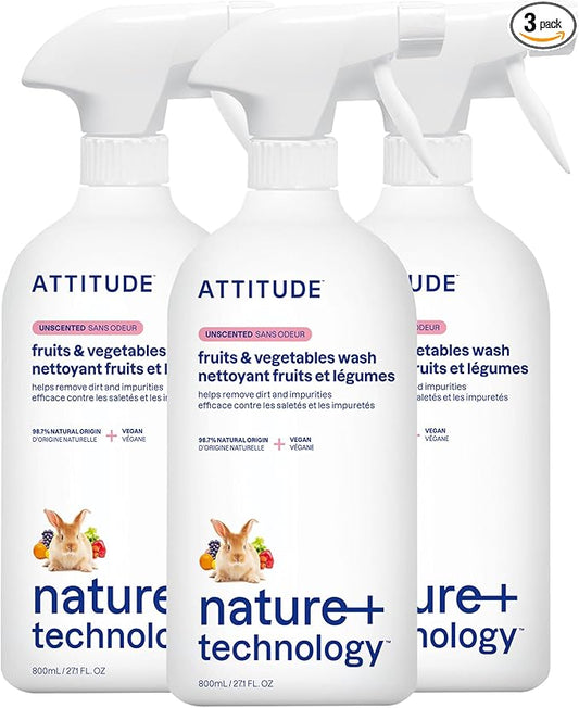ATTITUDE Fruit & Vegetable Wash, Unscented Food-Safe Produce Wash to Remove Dirt, Wax & Residue, Vegan Plant-Based Produce Cleaner, 27.1 Fl Oz (Pack of 3)
