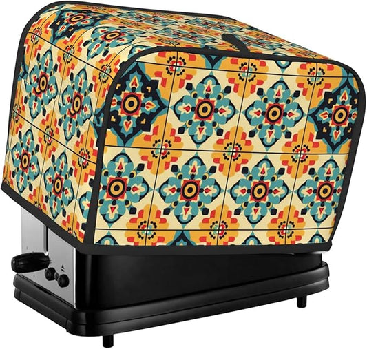 Brown Boho Tile Toaster Cover 2 Slice, Cute Rural Bread Machine Cover, Washable Dust-Proof Cover for Kitchen Small Appliance Cover,with Top Handle