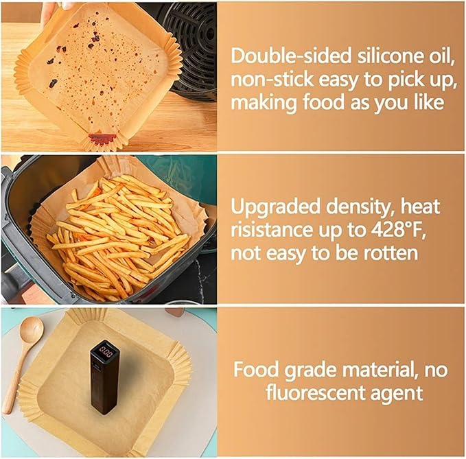 Large Air Fryer Disposable Paper Liners Nonstick 23cm Oven Airfryer Parchment Baking Paper ，Compatible For Ninja，Compatible For COSORI ，Grill Cooking Basket(20cm square,250 Pcs)