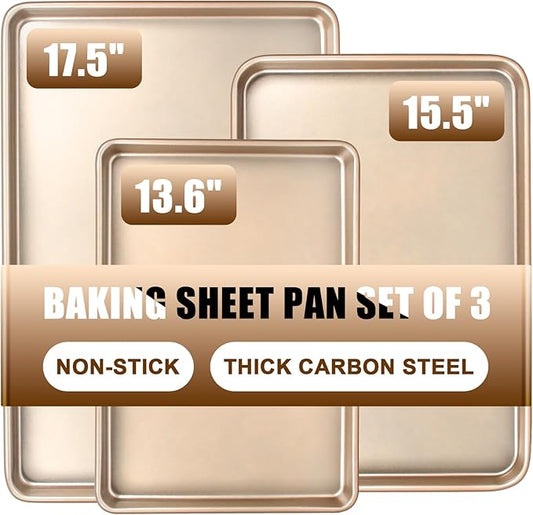 Baking Sheet Pan Set of 3, Commercial Cookie Sheets for Baking, Nonstick Half/Quarter/Jelly Roll Pans Replacement Toaster Oven Tray, Heavy Duty & Easy Clean, Champagne Gold