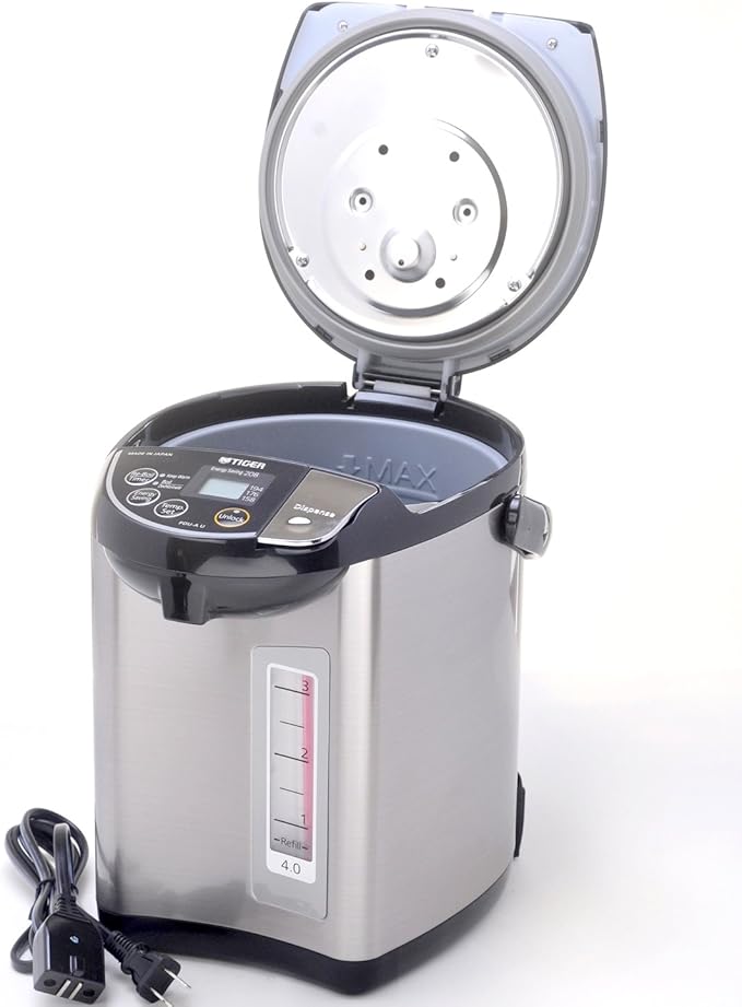 Tiger PDU-A40U-K Electric Water Boiler and Warmer, Stainless Black, 4.0-Liter & 5-Cup (Uncooked) Micom Rice Cooker with Food Steamer & Slow Cooker, Stainless Steel Black