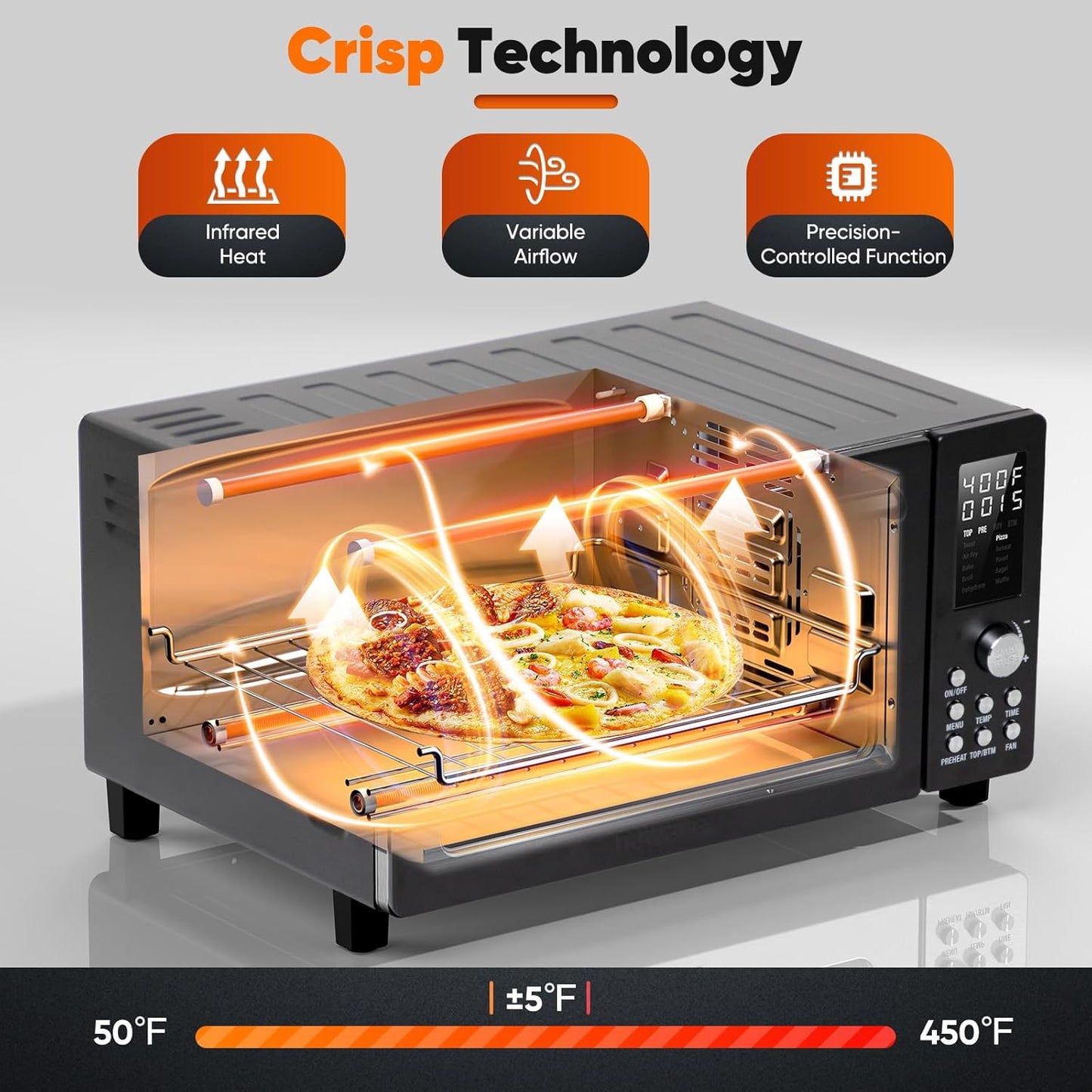 Nuwave Bravo Pro Convection Air Fryer Toaster Oven Combo, 2025 New and Improved, 10-in-1, 50°-450°F Temp Controls, Quick & Even Crisp Technology, 21Qt Capacity, Black, PFAS Free