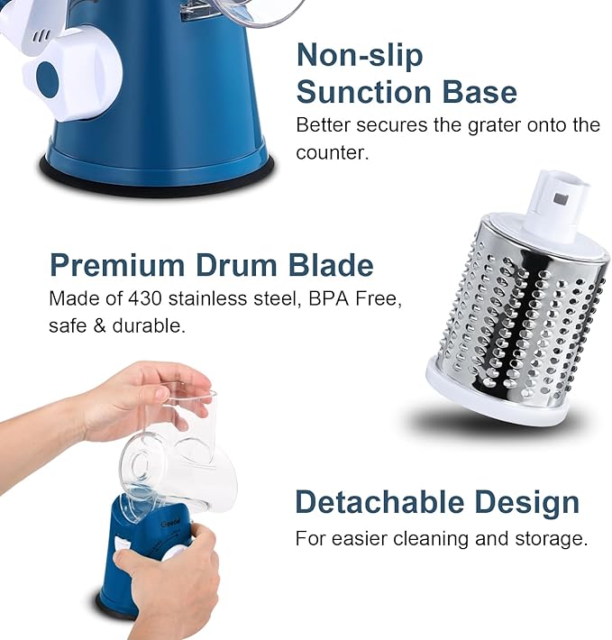 Geedel Rotary Cheese Grater, Kitchen Mandoline Vegetable Slicer with 3 Interchangeable Blades, Easy to Clean Rotary Grater Slicer for Fruit, Vegetables, Nuts