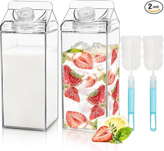 Bekith 2 Pack 64 Oz Large Milk Carton Water Bottle, Clear Plastic Milk Bottle with Cleaning Brush, Portable Leakproof Square Juice Bottle Reusable Milk Container for Outdoor Sports Travel Camping
